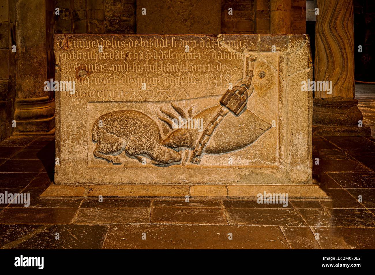 a relief-decorated well made by Adan van Düren in Lund Cathedral Stock Photo