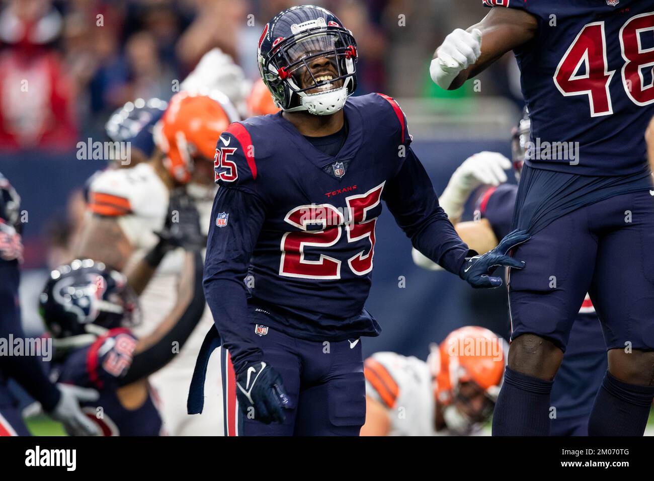 Houston, TX, USA. 4th Dec, 2022. Houston Texans cornerback Desmond King II (25) celebrates a safety during a game between the Cleveland Browns and the Houston Texans in Houston, TX. Trask Smith/CSM/Alamy Live News Stock Photo