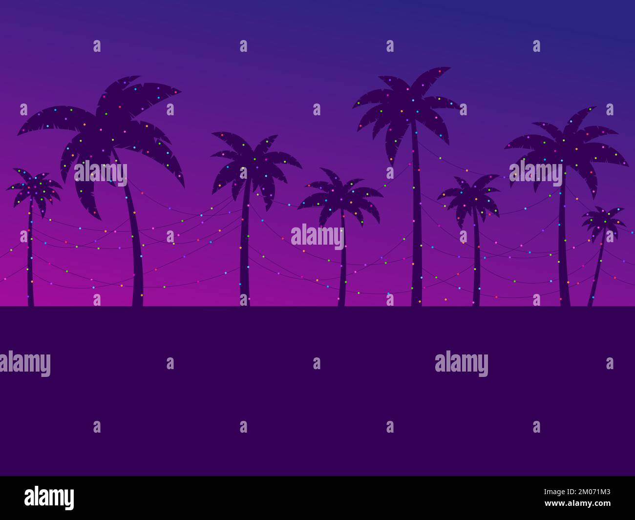 Christmas palm trees with garlands at sunset in the style of the 80s. Hanging garlands between palm trees. Tropical Christmas. Design for greeting car Stock Vector