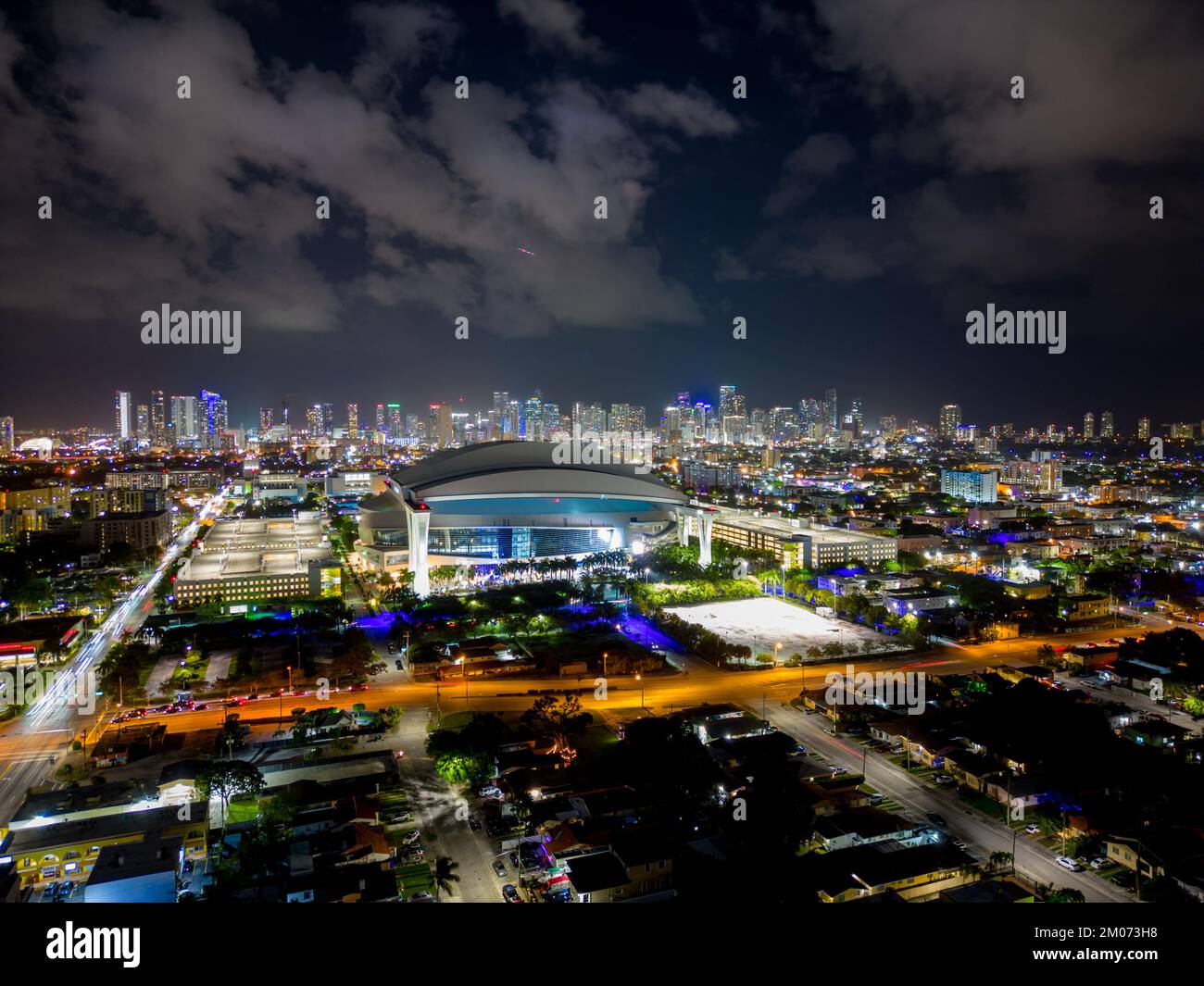 Miami, FL, USA - December 3, 2022: Aerial panorama Miami Loandepot Park sports stadium Stock Photo