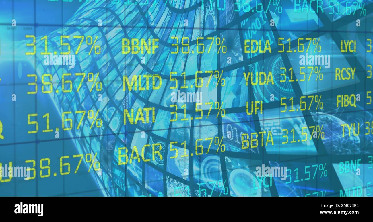Image of stock data moving over multiple screens Stock Photo
