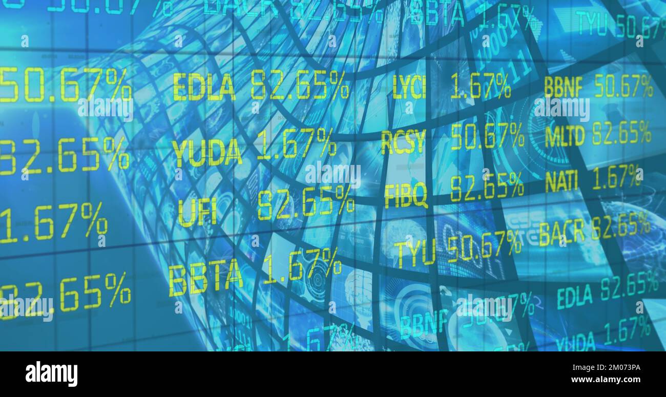 Image of stock data moving over multiple screens Stock Photo