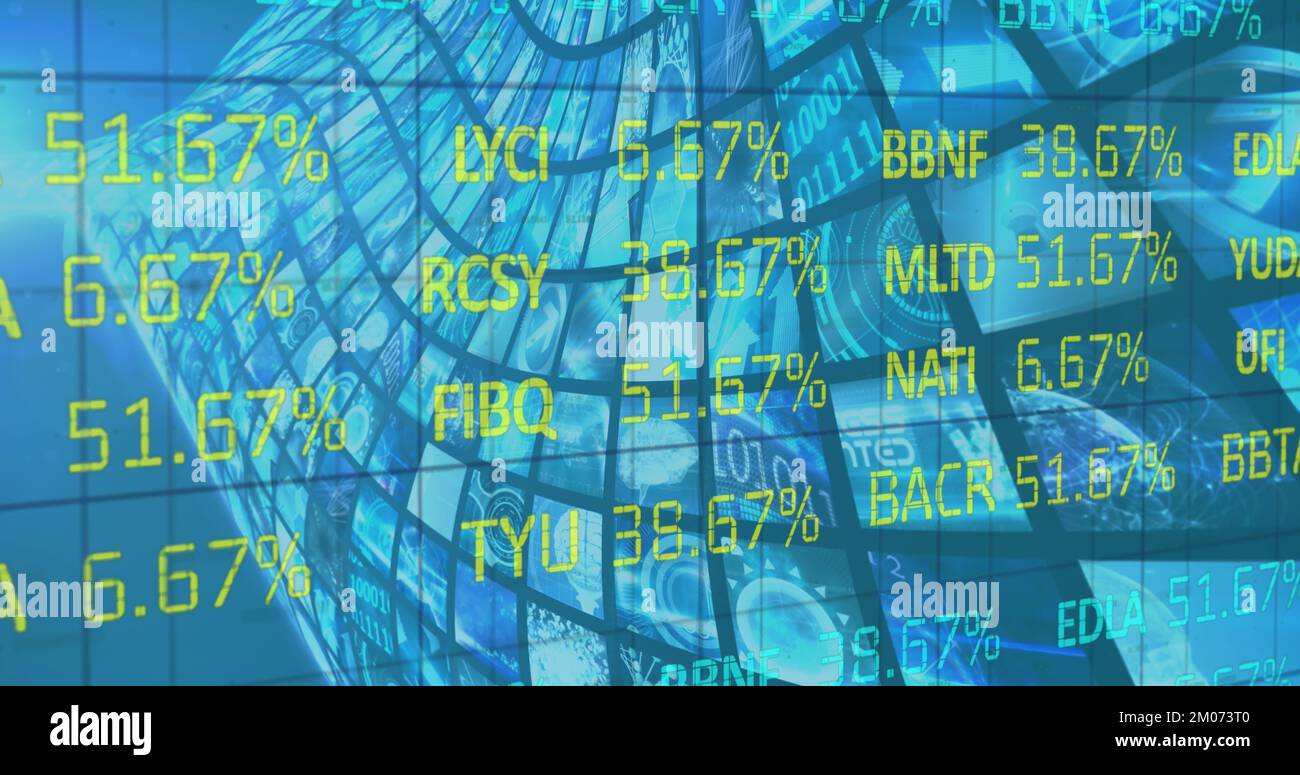 Image of stock data moving over multiple screens Stock Photo