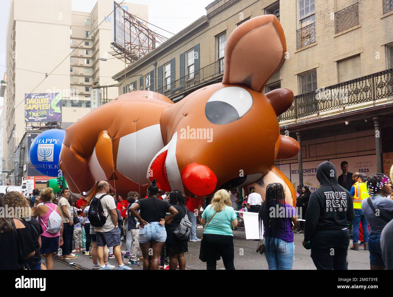 Navigating Rudolph balloon under streetcar lines in New Orleans
