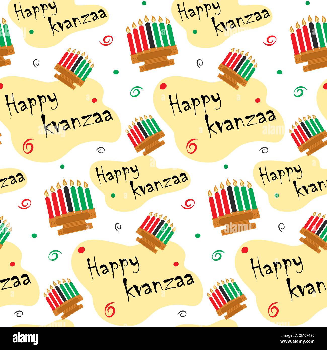 Kwanzaa seamless pattern. Abstract background texture with candlestick and Happy Kwanzaa inscription. Isolate. Design for lettering, wrapping, packing or web. Good for poster, banner, brochure. EPS Stock Vector