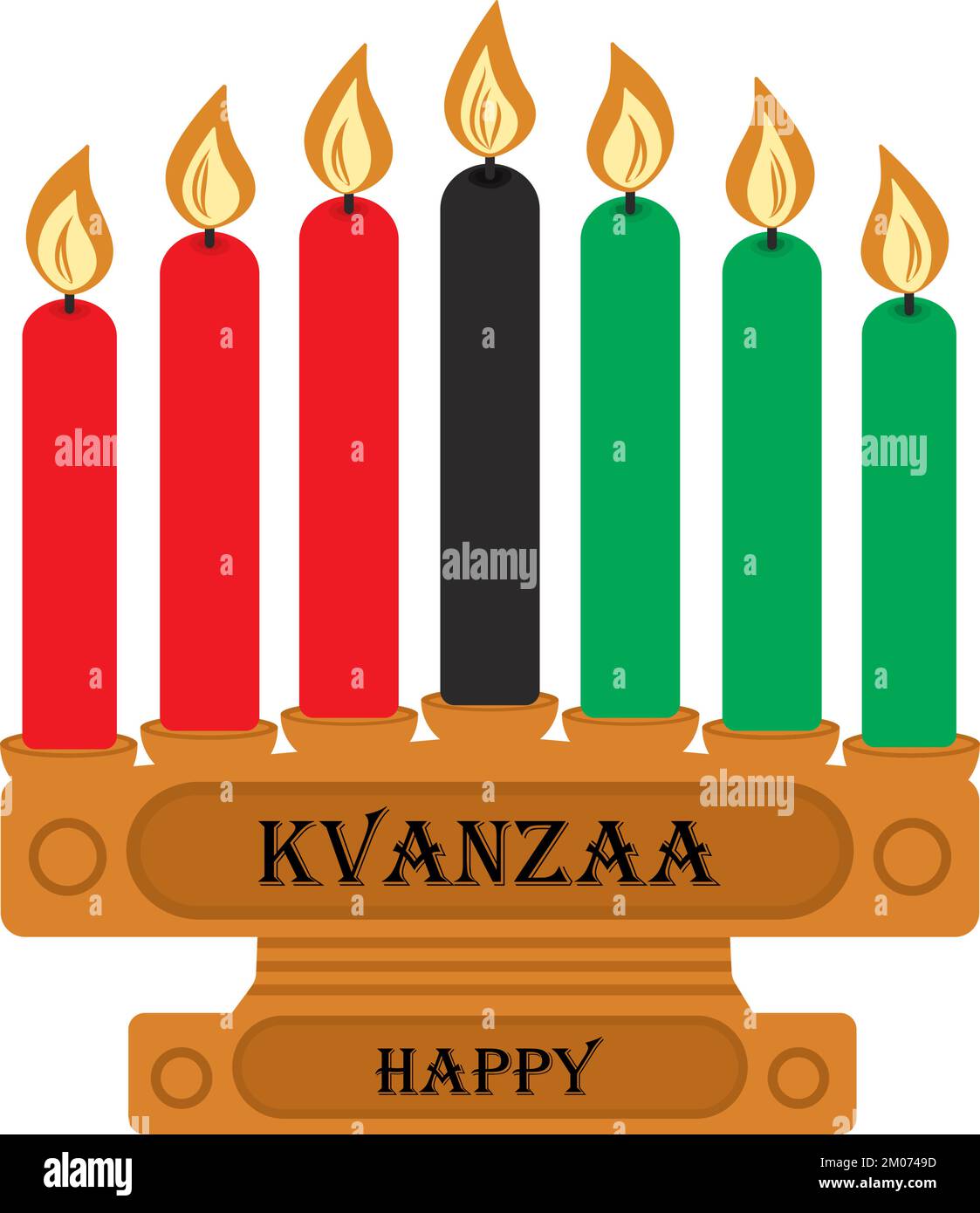 Wooden candlestick with seven candles in the color of the African flag and inscription Happy Kwanzaa. Isolate. Good for lettering, banners, posters, invitations, brochures or cards, price tag, label Stock Vector