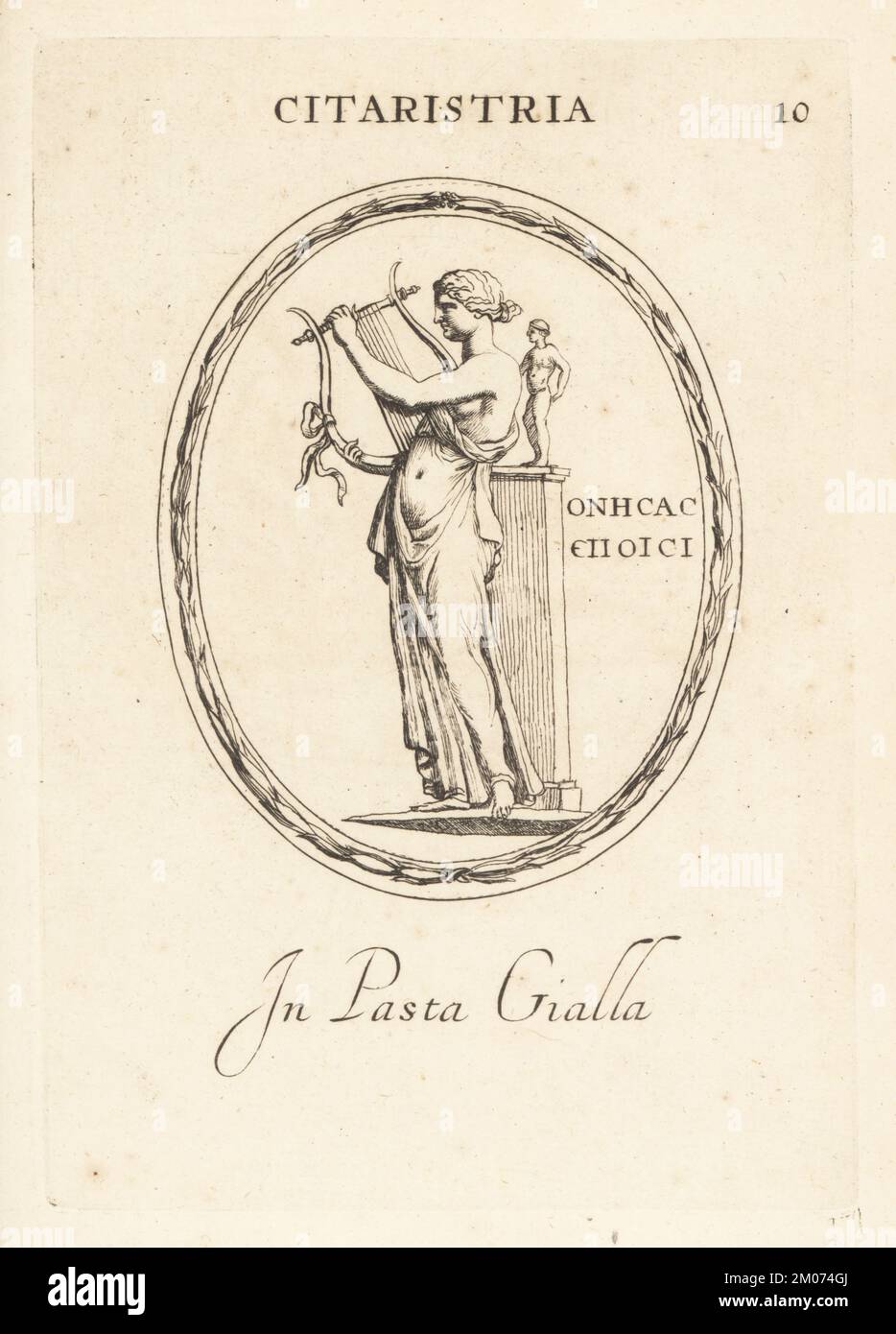 Woman cithara or zither player with statue on plinth. In yellow paste. Sappho, the poetess, was depicted on coins of Lesbo as a citharist. Citaristria in pasta gialla. Signed 'Onisa fecit.' Copperplate engraving by Giovanni Battista Galestruzzi after Leonardo Agostini from Gemmae et Sculpturae Antiquae Depicti ab Leonardo Augustino Senesi, Abraham Blooteling, Amsterdam, 1685. Stock Photo