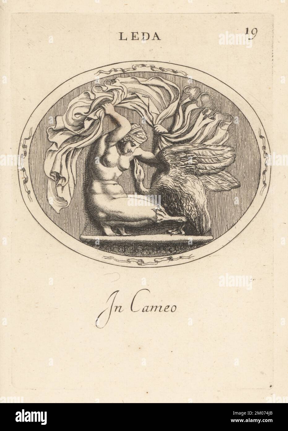 Leda and the swan in cameo. Greek god Zeus in the form of a swan rapes the naked Leda, wife of