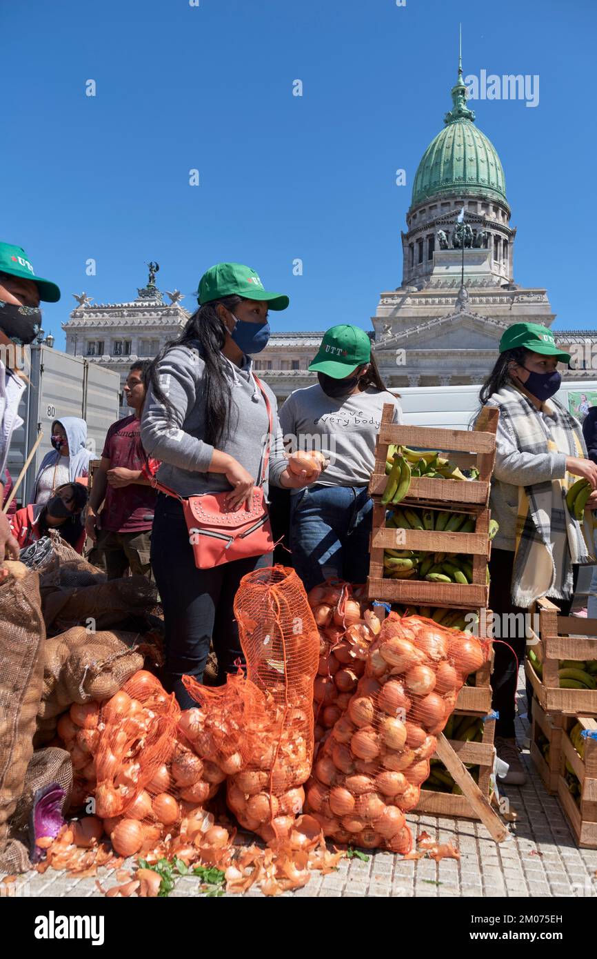 Buenos Aires, Argentina, 21 sept, 2021: UTT, Union de Trabajadores de la Tierra, Land Workers Union, gave free organic food, fruits and vegetables to Stock Photo