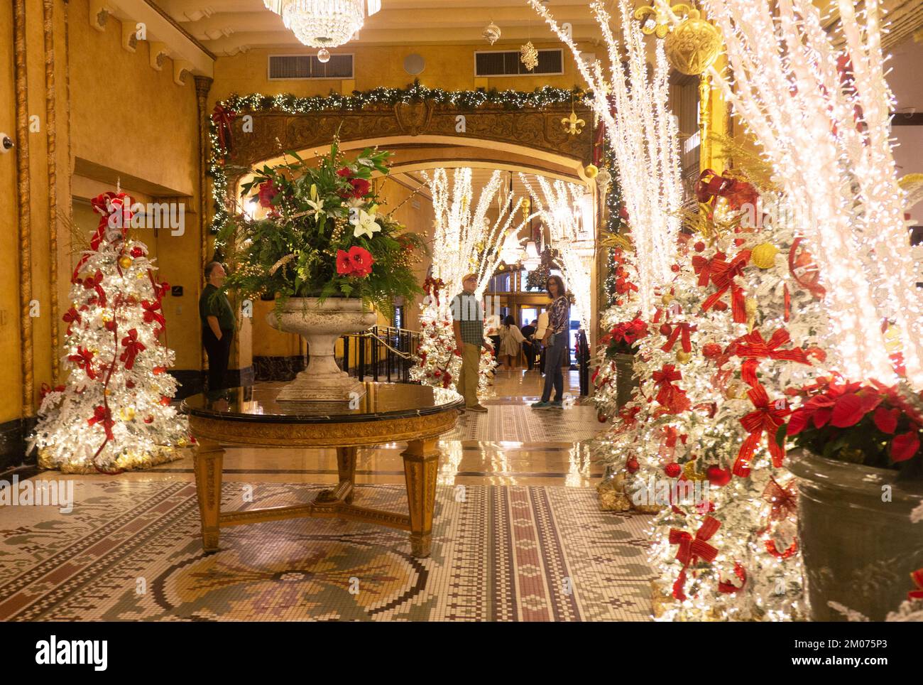 Roosevelt Hotel lobby in New Orleans with opulent Christmas decorations