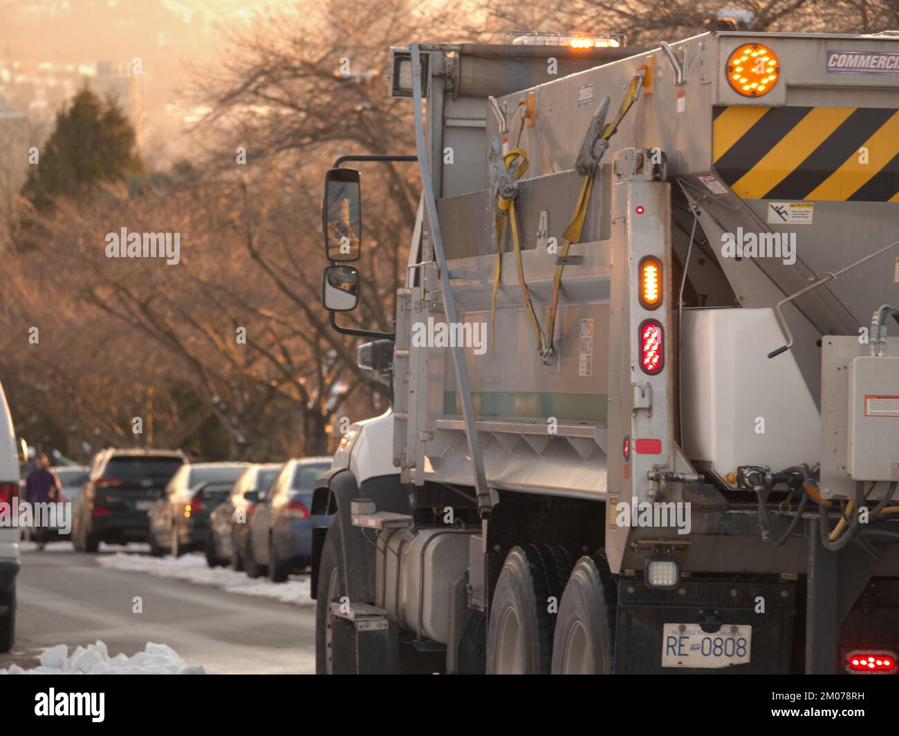 Snow removal and salting truck in a Metro Vancouver neighborhood in