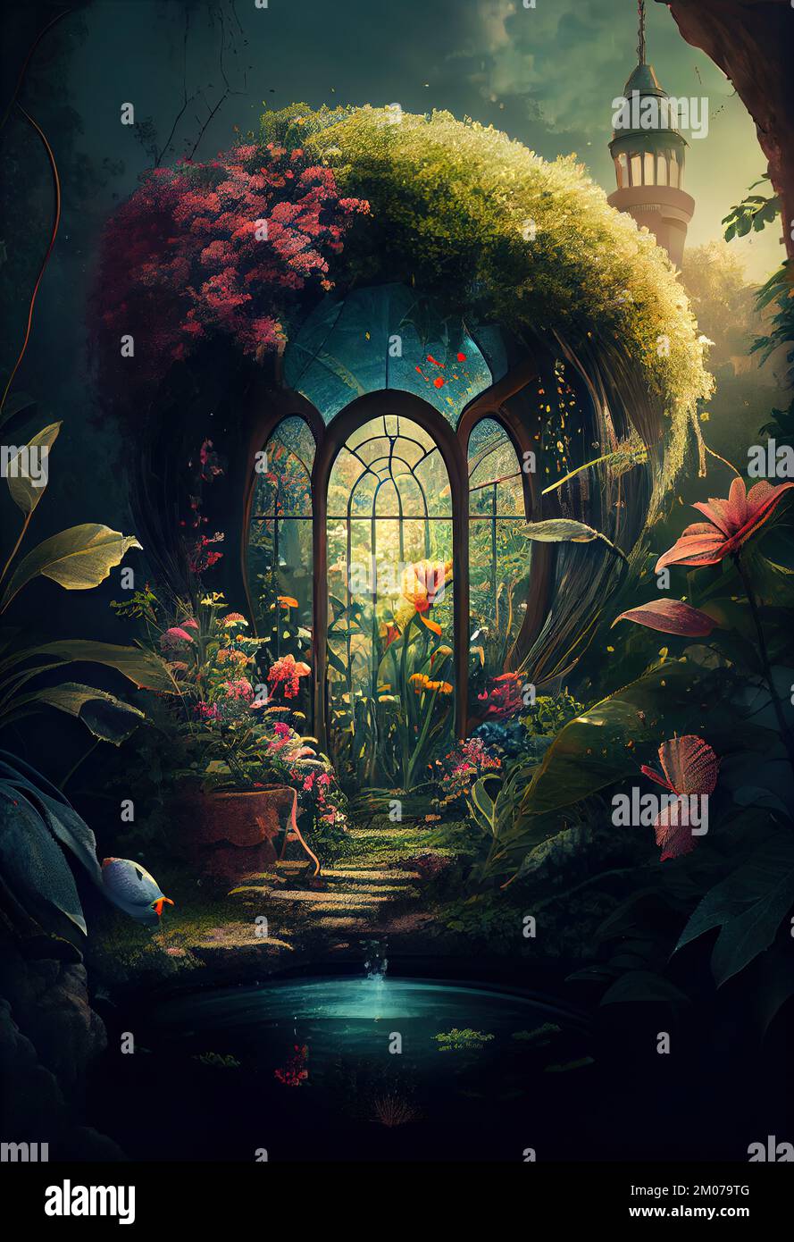Beautiful Fantasy Garden Background Illustration Stock Photo - Alamy