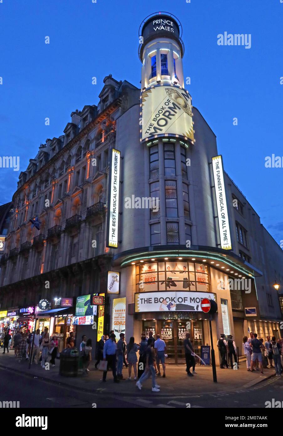 Book of Mormon, Prince Of Wales Theatre, at dusk, Coventry St, London, England, UK,  W1D 6AS Stock Photo