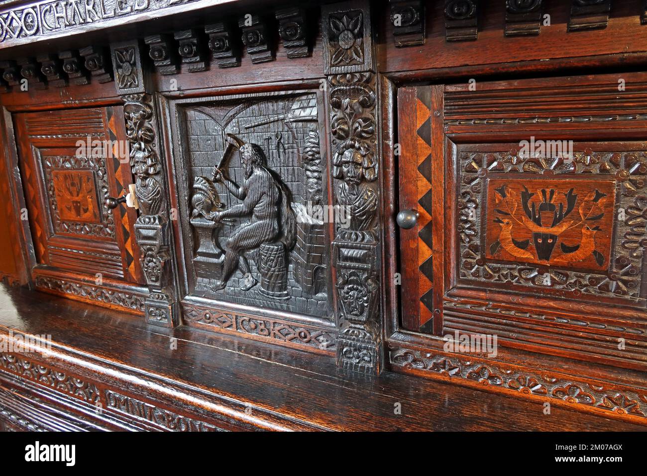 Court Cupboard,dedicated to Charles Brookes dated 1638,it came from the Old Manor House, in owen Street, Hereford, but may have been made in Yorkshire Stock Photo