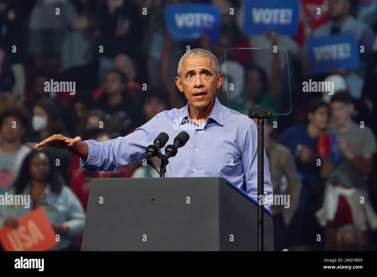 PHILADELPHIA, PA, USA - NOVEMBER 05, 2022: Former President Barack Obama speaks at a Campaign Rally at the Liacouras Center at Temple University. Stock Photo