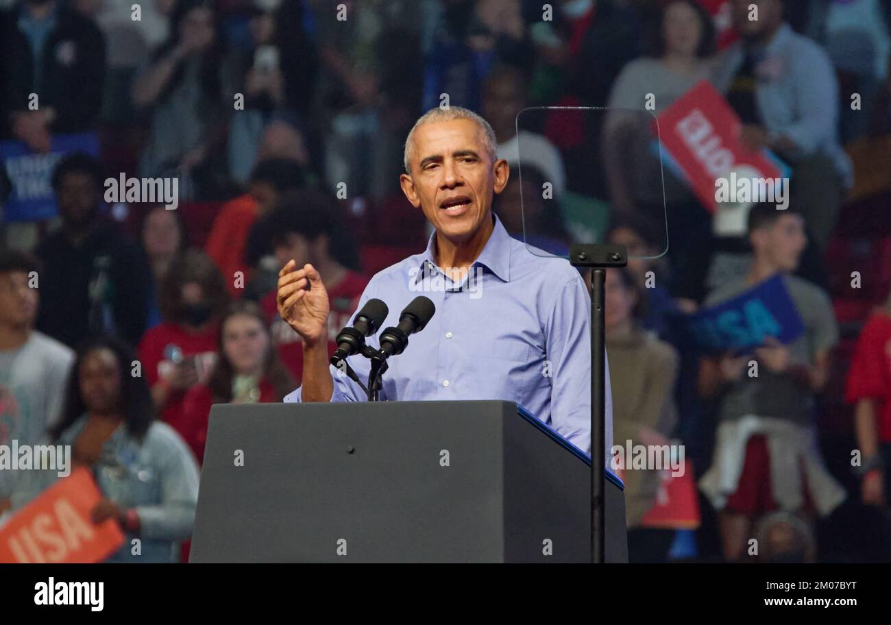 PHILADELPHIA, PA, USA - NOVEMBER 05, 2022: Former President Barack Obama speaks at a Campaign Rally at the Liacouras Center at Temple University. Stock Photo