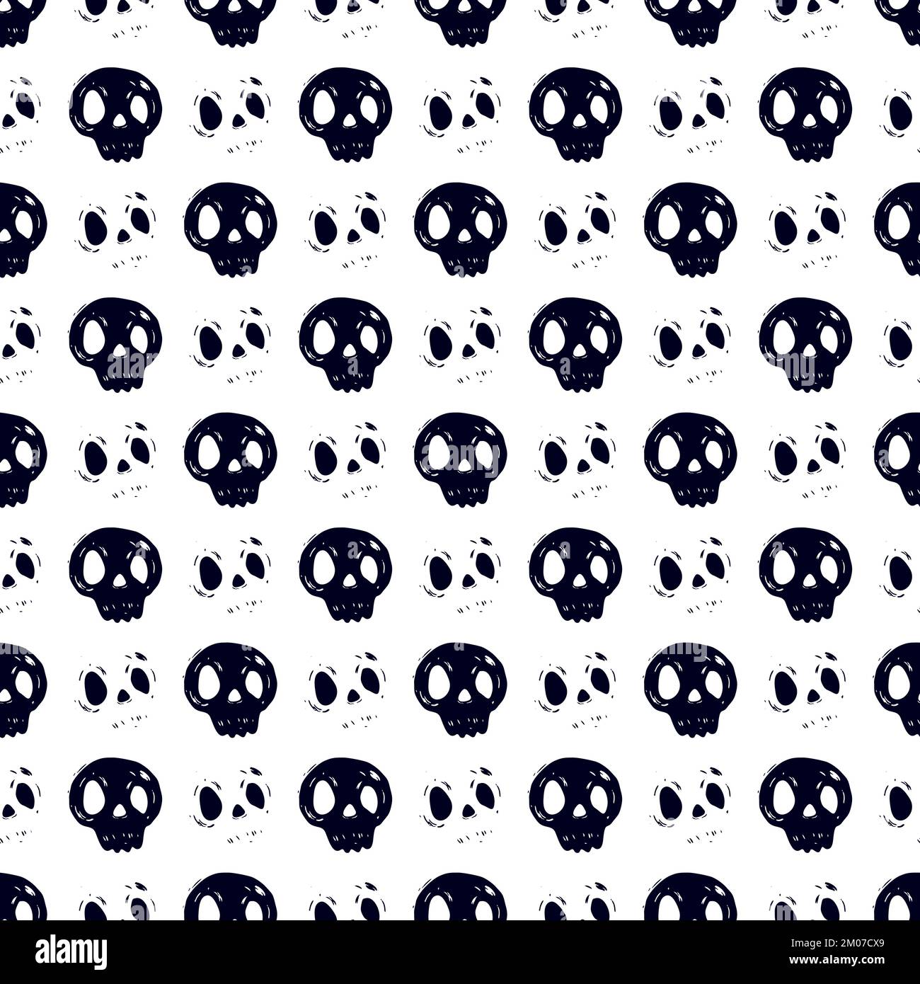 Black skull and scary face on white background seamless vector pattern. Stock Vector