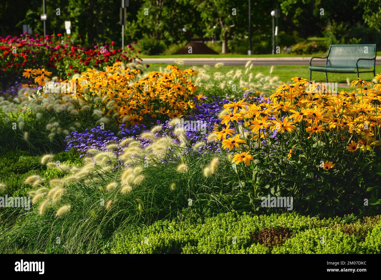Flower beds in full bloom in the Summer at Washington Park, Denver