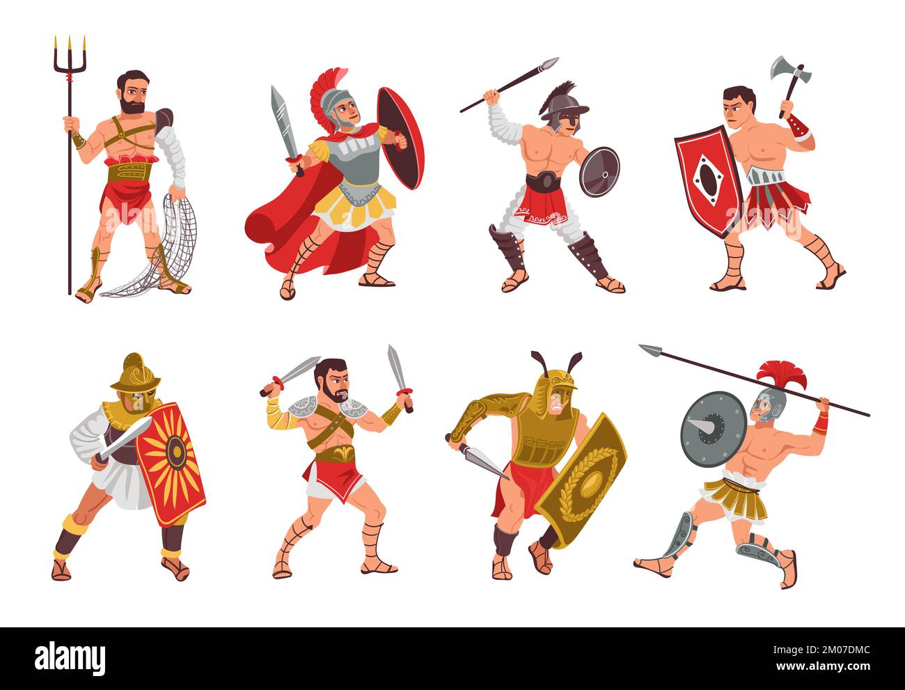 Ancient roman gladiators. People in armor. Warriors with different weapons. Helmets and shields. Historical soldier characters. Fighter poses with Stock Vector