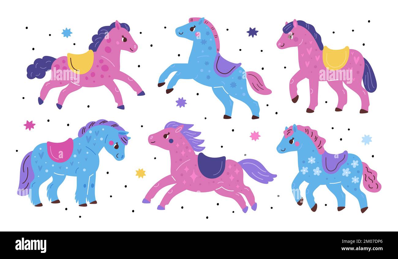 Cartoon funny ponies. Colorful little horses. Magical animals. Kids fairy pets. Children carousel decorative elements. Cute stallions with saddles Stock Vector