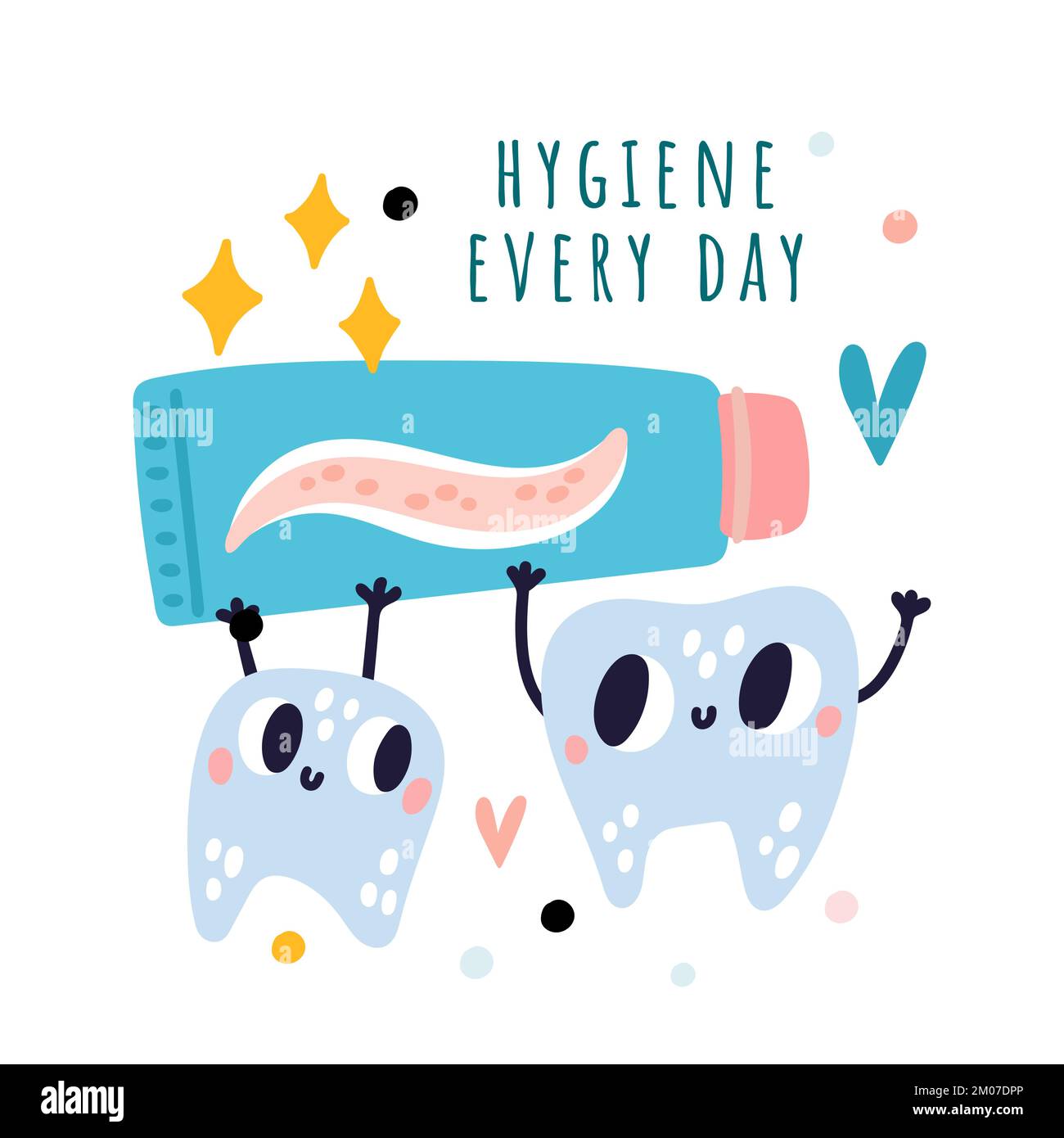 Children dentistry banner. Cartoon teeth characters. Oral hygiene steps