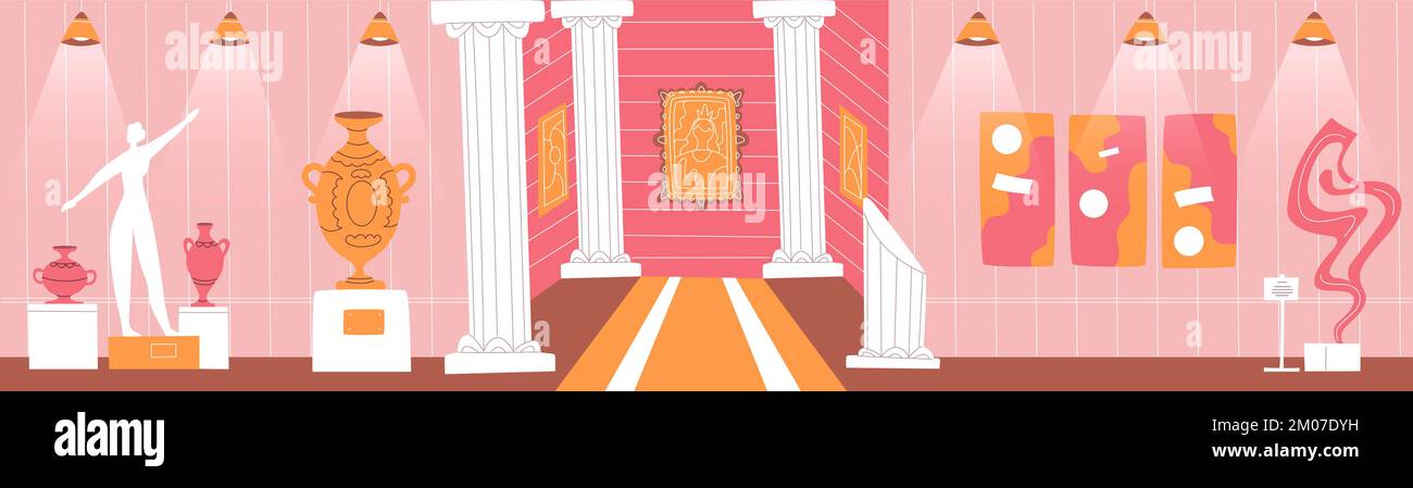 Empty exhibition hall. Museum interior with art showpiece. Sculptures and paintings. Ceramic vases on pedestals and columns. Contemporary artworks or Stock Vector