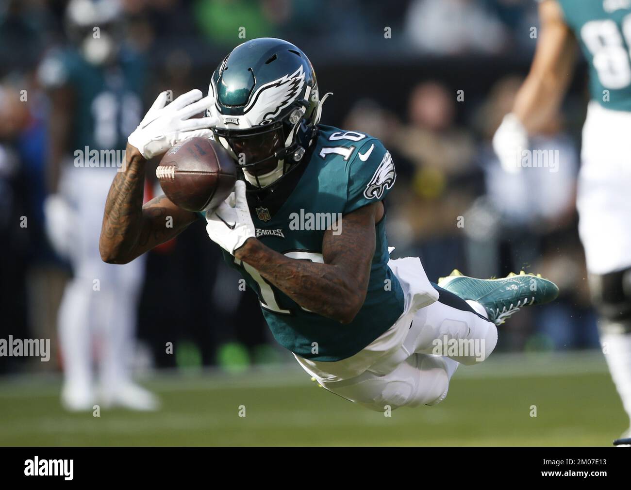 Philadelphia, United States. 04th Dec, 2022. Philadelphia Eagles Quez Watkins dives for a football reception and fails to make the catch on a play that was negated due to a penalty in the first half against the Tennessee Titans in week 13 of the NFL season at Lincoln Financial Field in Philadelphia on Sunday, December 4, 2022. The Eagles defeated the Titans 35-10. Photo by John Angelillo/UPI Credit: UPI/Alamy Live News Stock Photo