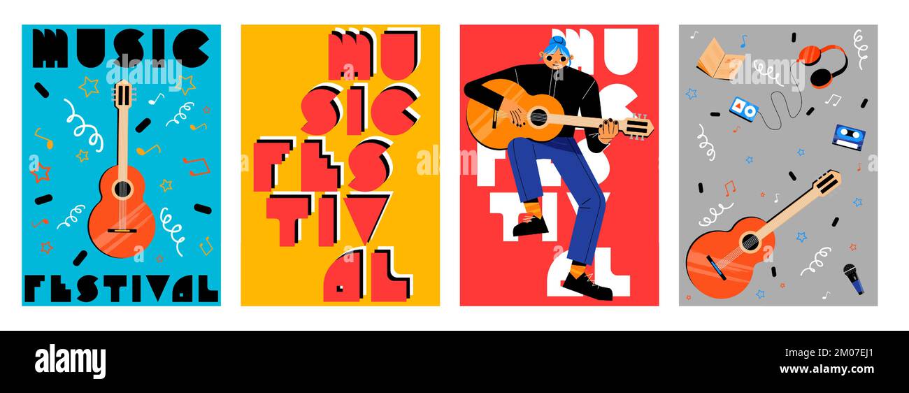 Music festival poster templates set. Flat vector illustration of vintage banners with female character playing guitar and background with notes, microphone, casette player, retro style lettering Stock Vector