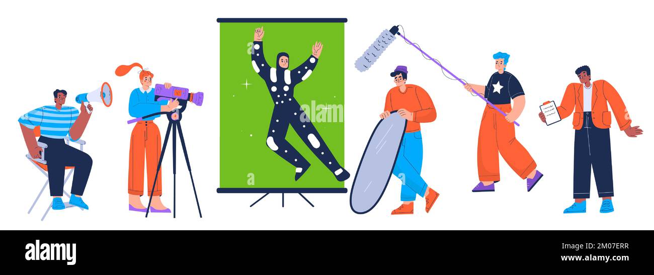 Film crew recording movie. Cinema production team with woman with camera, director with megaphone in chair, actor near green screen, men with microphone and reflector, vector flat illustration Stock Vector