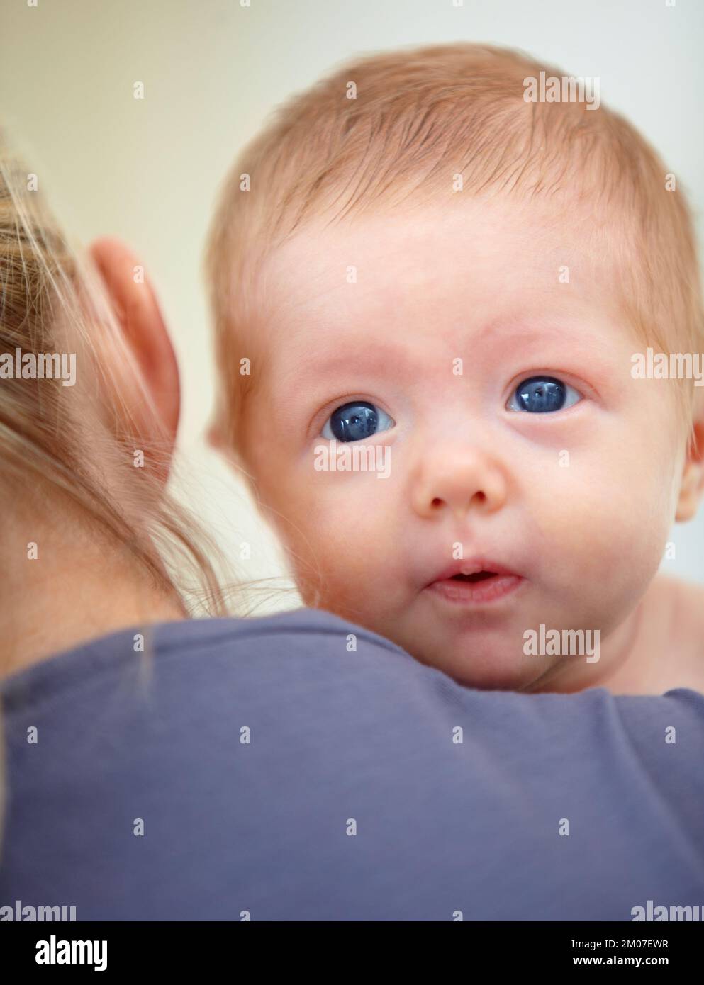 Enjoying the view...Closeup portrait of newborn baby being cradled on its moms shoulder. Stock Photo