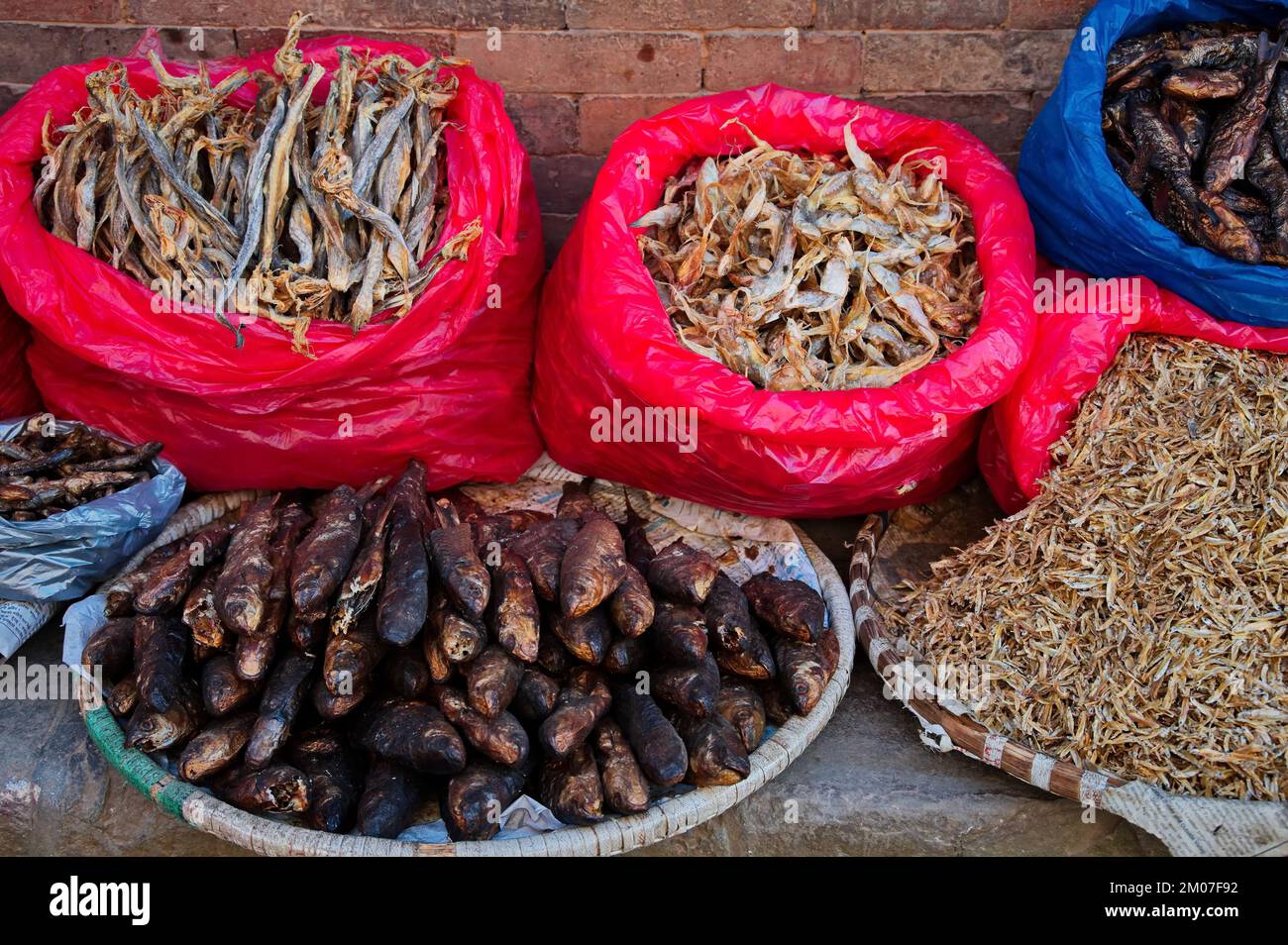 Market in Kathmandu, Nepal with various dried fish Stock Photo Alamy