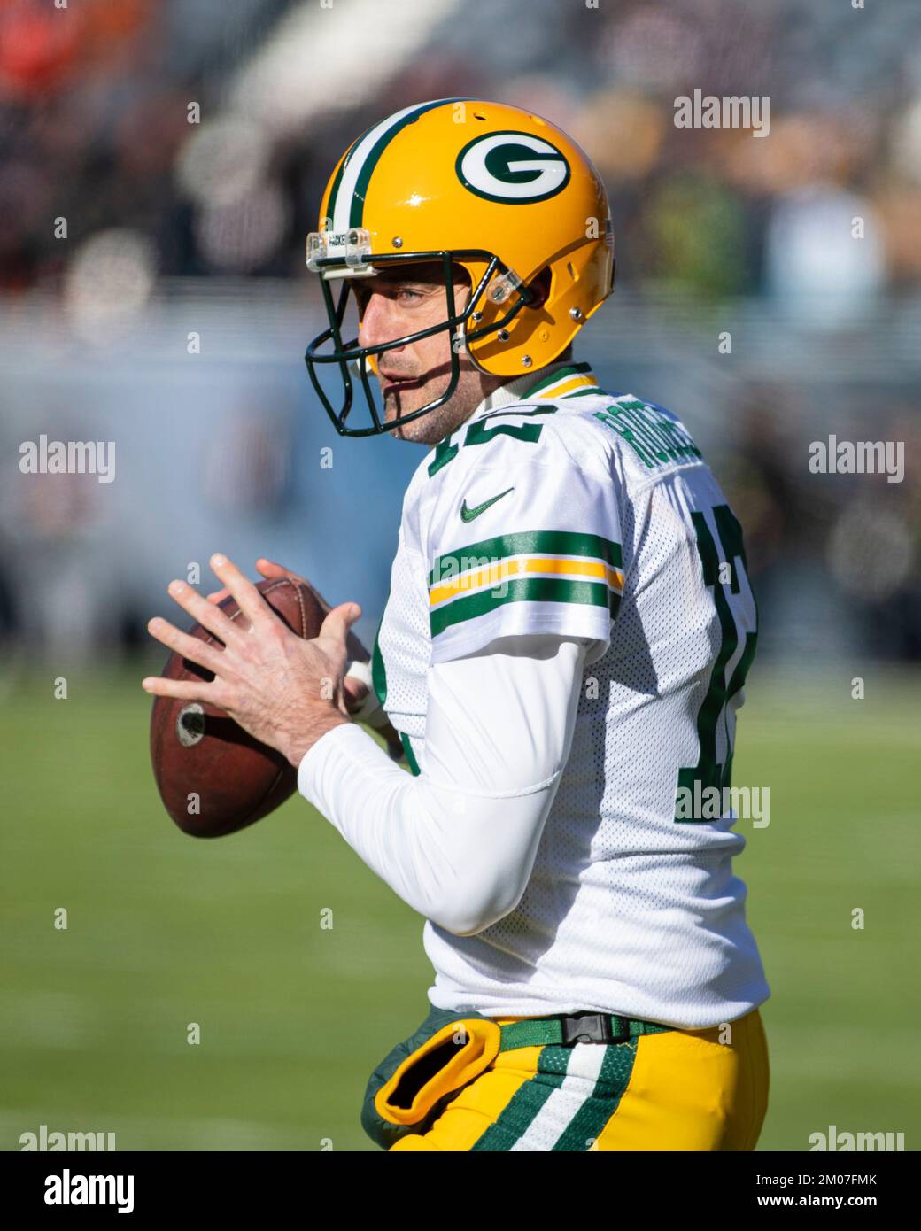 December 04, 2022: Green Bay Packers quarterback #12 Aaron Rodgers greets  back judge referee #111 Terrence Miles before a game against the Chicago  Bears in Chicago, IL. Mike Wulf/CSM/Sipa USA(Credit Image: ©