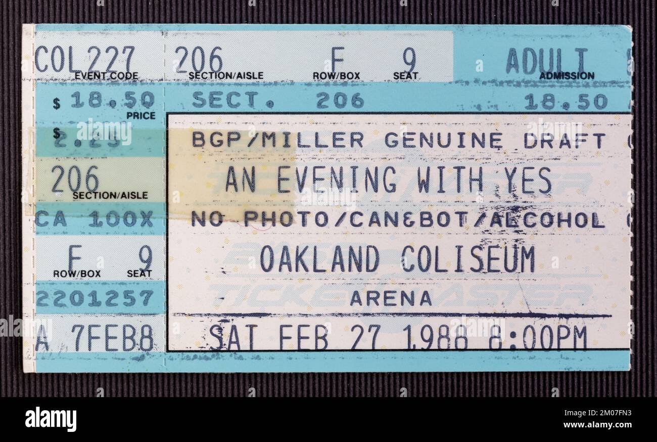 Oakland, California - February 27, 1988 - Old ticket stub for an Evening with Yes concert at Oakland Coliseum Stock Photo