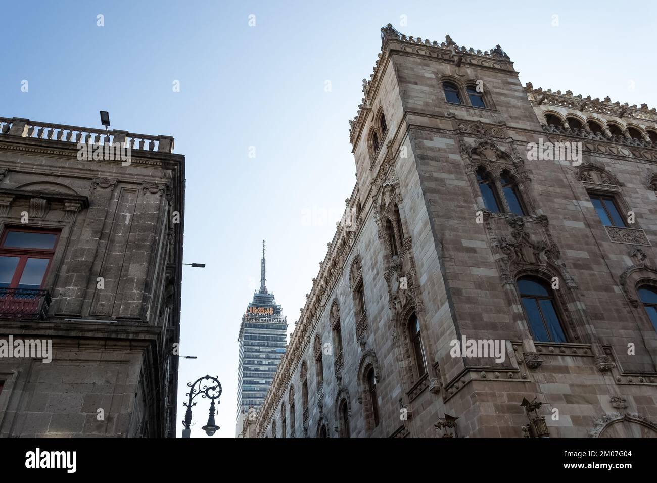 View of the historic center of Mexico City with the Palacio de Correos in the foreground and the Torre Latinoamericana in the background Stock Photo