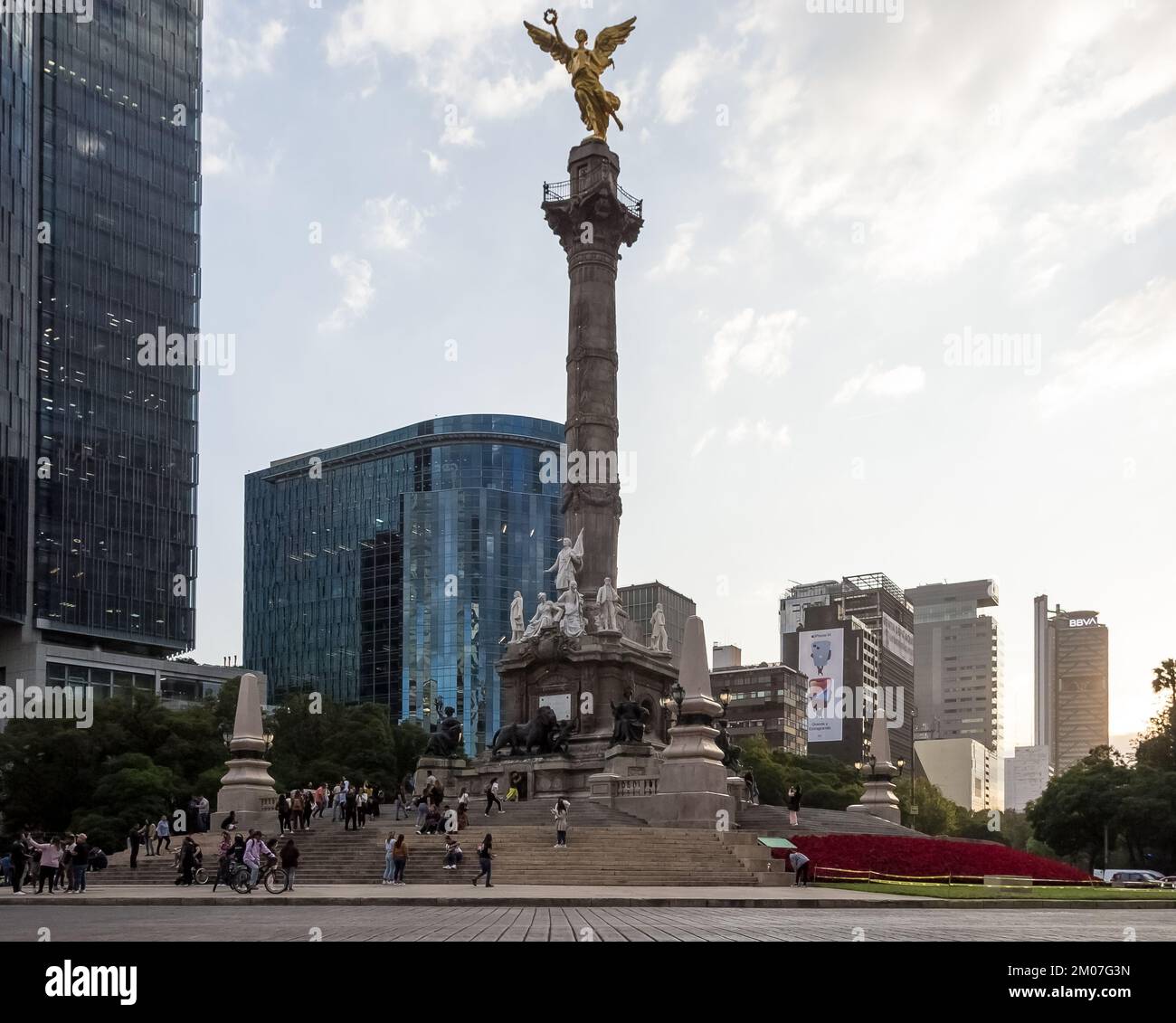 Architectural detail of The Angel of Independence, a victory column on a roundabout on the major thoroughfare of Paseo de la Reforma in Mexico City Stock Photo
