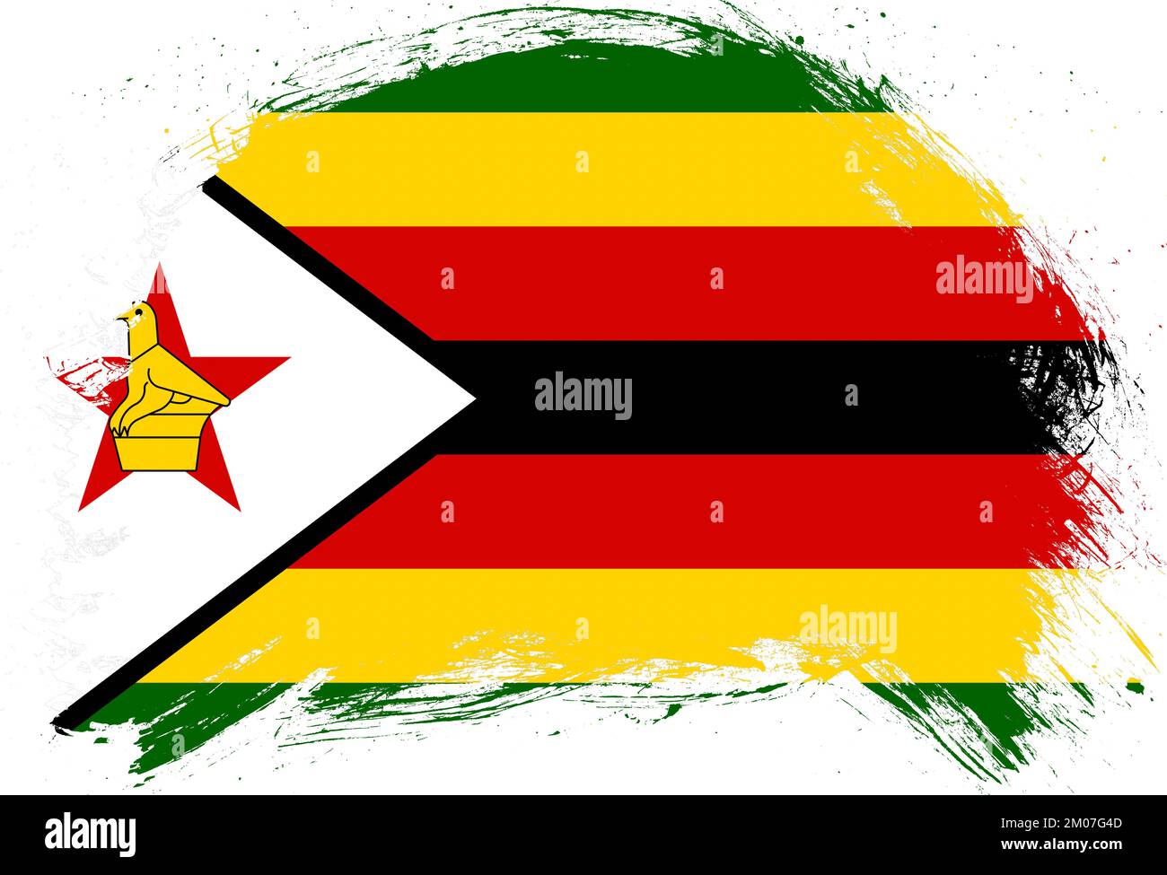 Distressed stroke brush painted flag of zimbabwe on white background