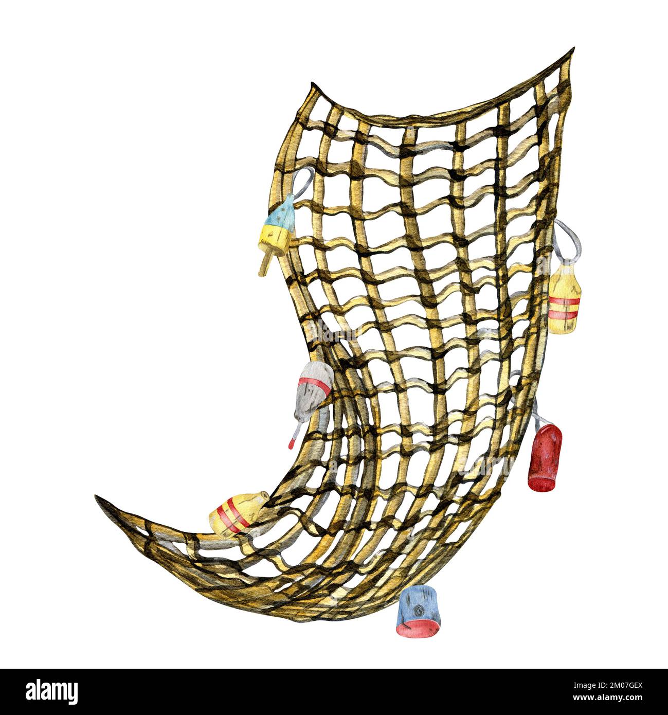 https://c8.alamy.com/comp/2M07GEX/fishing-net-and-buoy-watercolor-illustration-isolated-on-white-background-seine-fishnet-float-hand-drawn-design-element-for-banner-label-market-2M07GEX.jpg