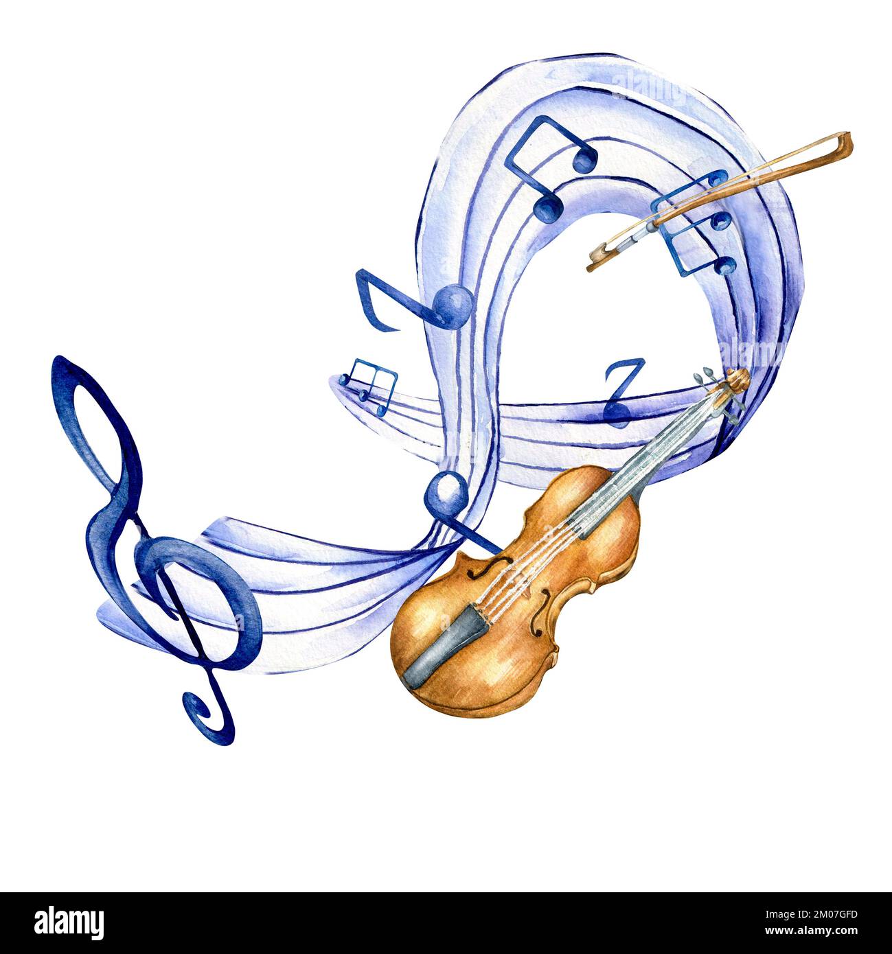 Treble clef, musical notes and fiddle watercolor illustration on white. Violin musical instrument and Ireland symbol hand drawn. Design for flyer, con Stock Photo