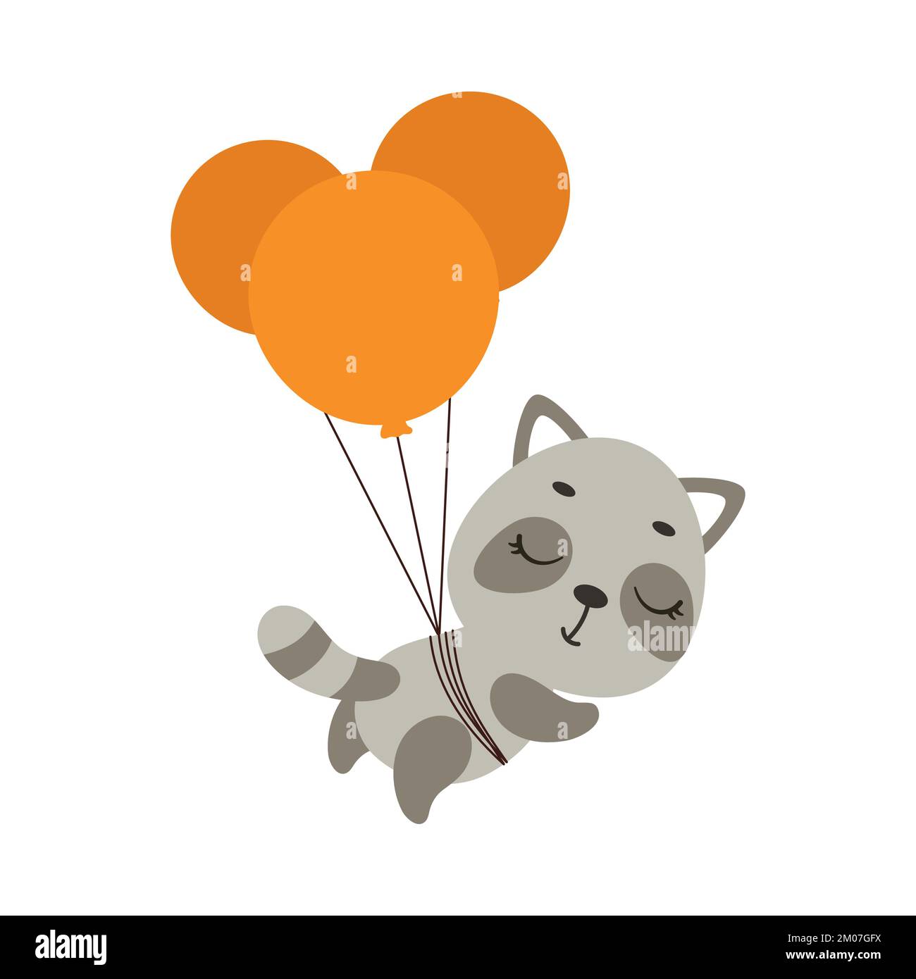 Cute little raccoon flying on balloons. Cartoon animal character for