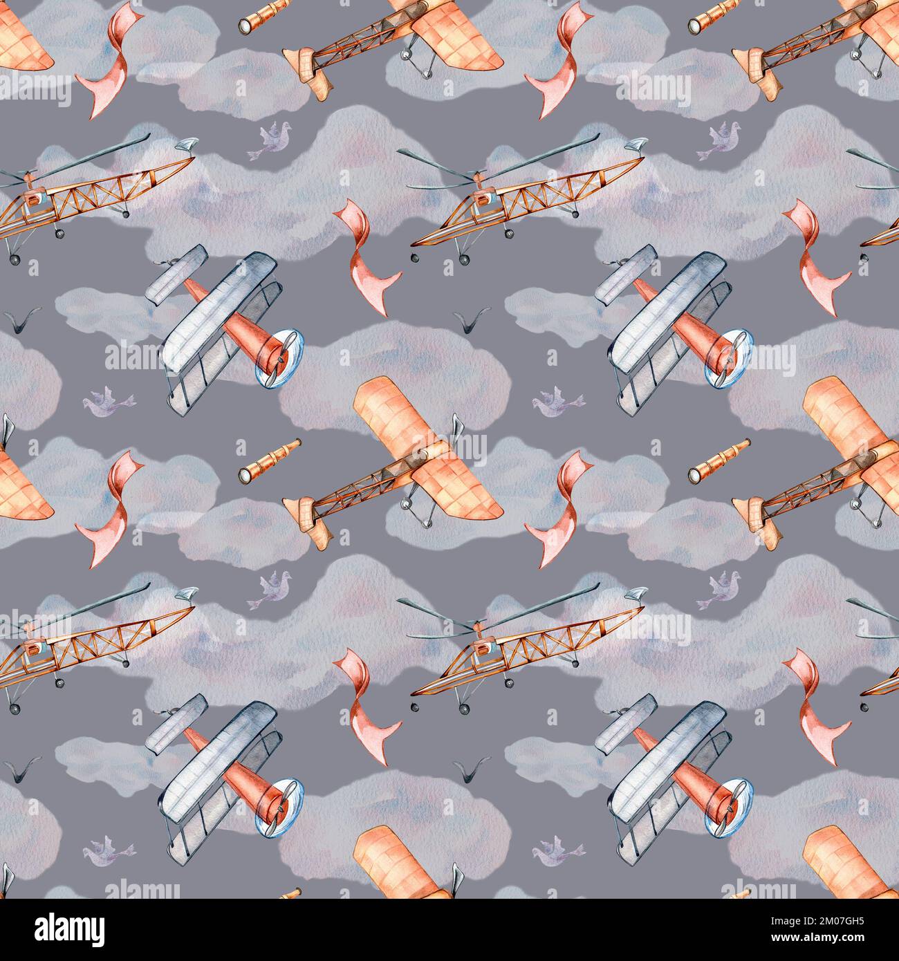 Retro air planes vintage style watercolor illustration seamless pattern ...