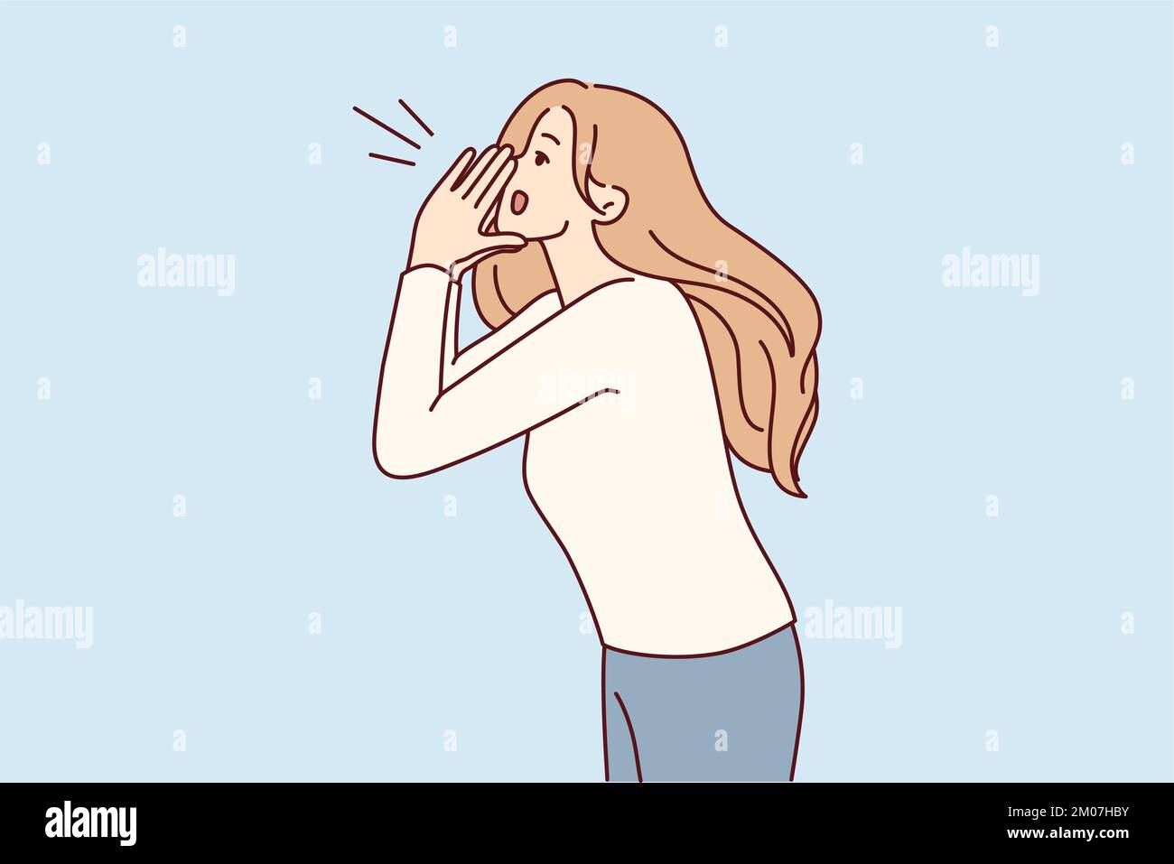 Blonde woman putting hands to mouth screaming inviting everyone to promotion or sale. Lady in casual clothes loudly calls you to pay attention using palms instead of megaphone. Flat vector design  Stock Vector