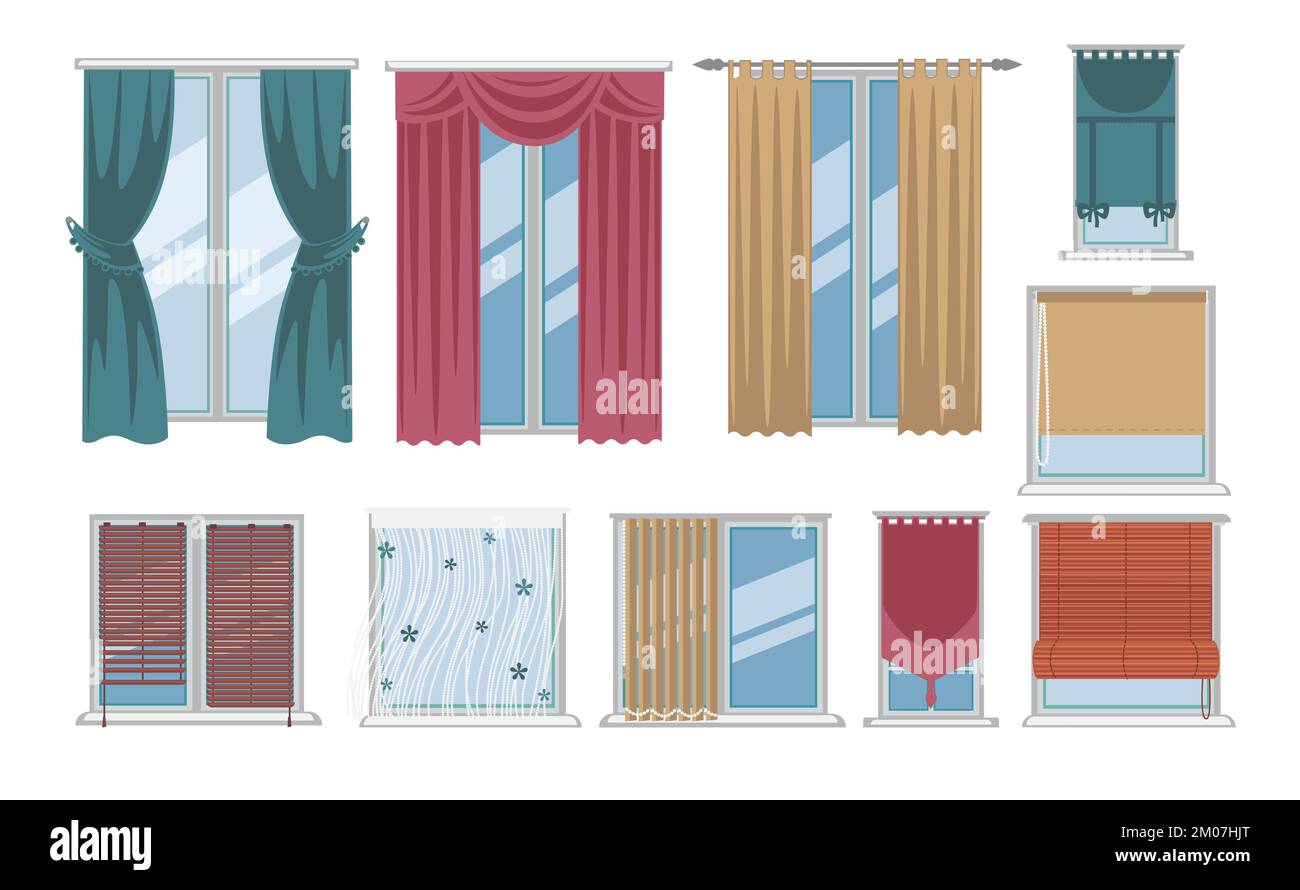 Curtains and drapes on windows, interior design Stock Vector