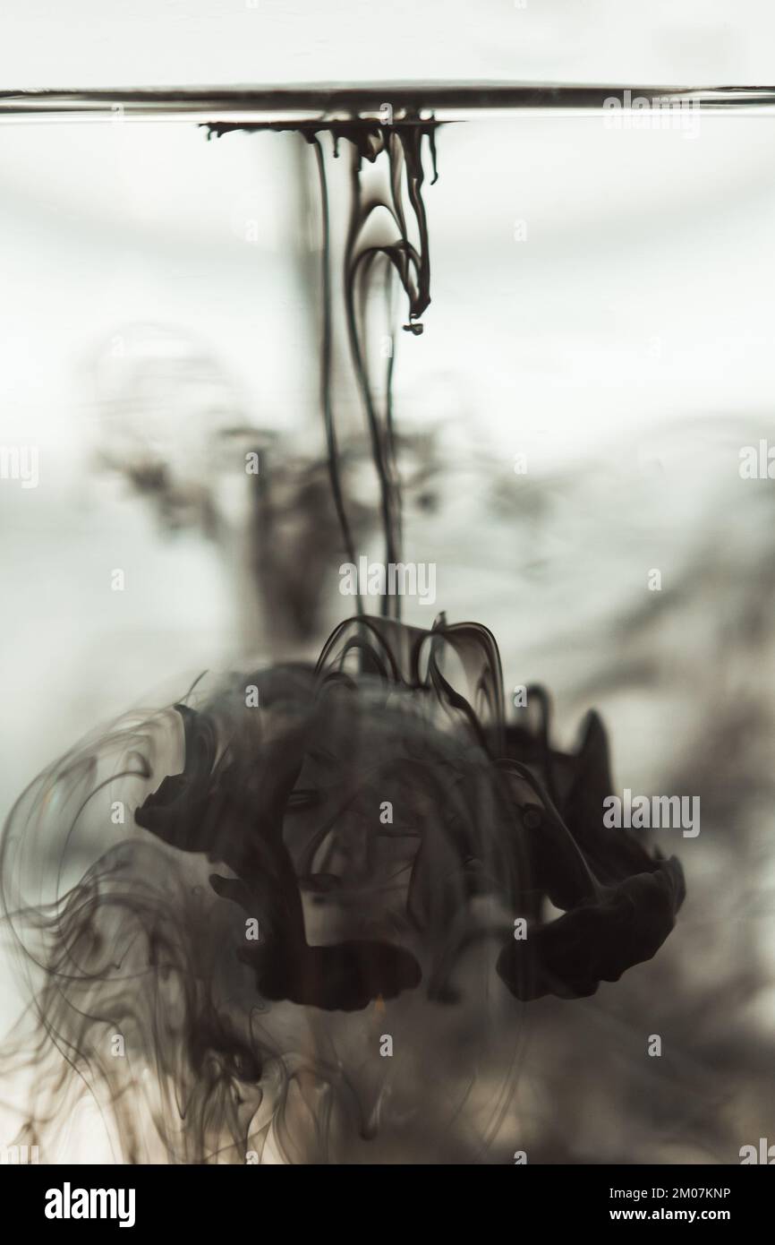 a cloud of ink in a transparent glass cup with clear water amid rays of ...