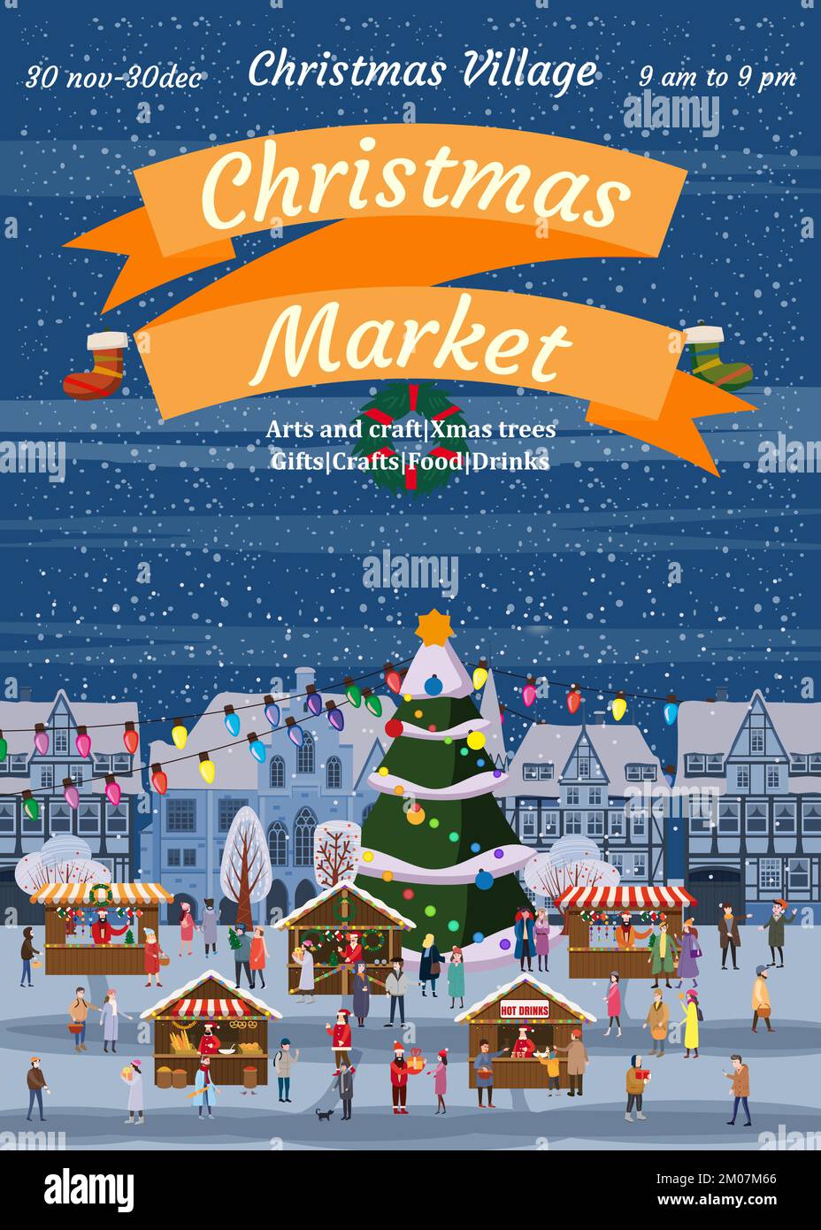 Christmas market poster template Xmas fair card with decorated Christmas market poster template Xmas fair card with decorated