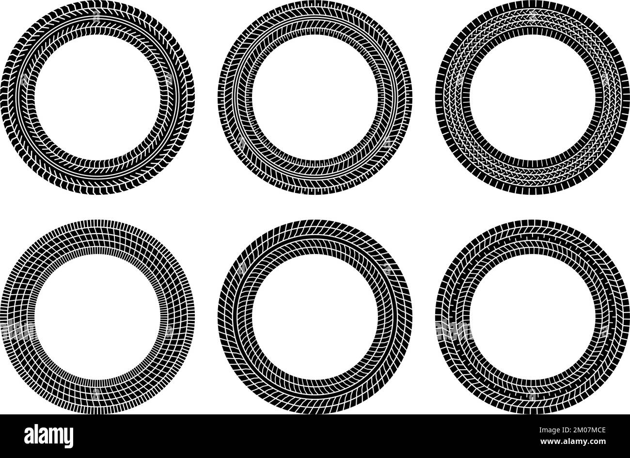 Auto tire tread circle frames set. Car and motorcycle tire pattern, wheel tyre tread track print