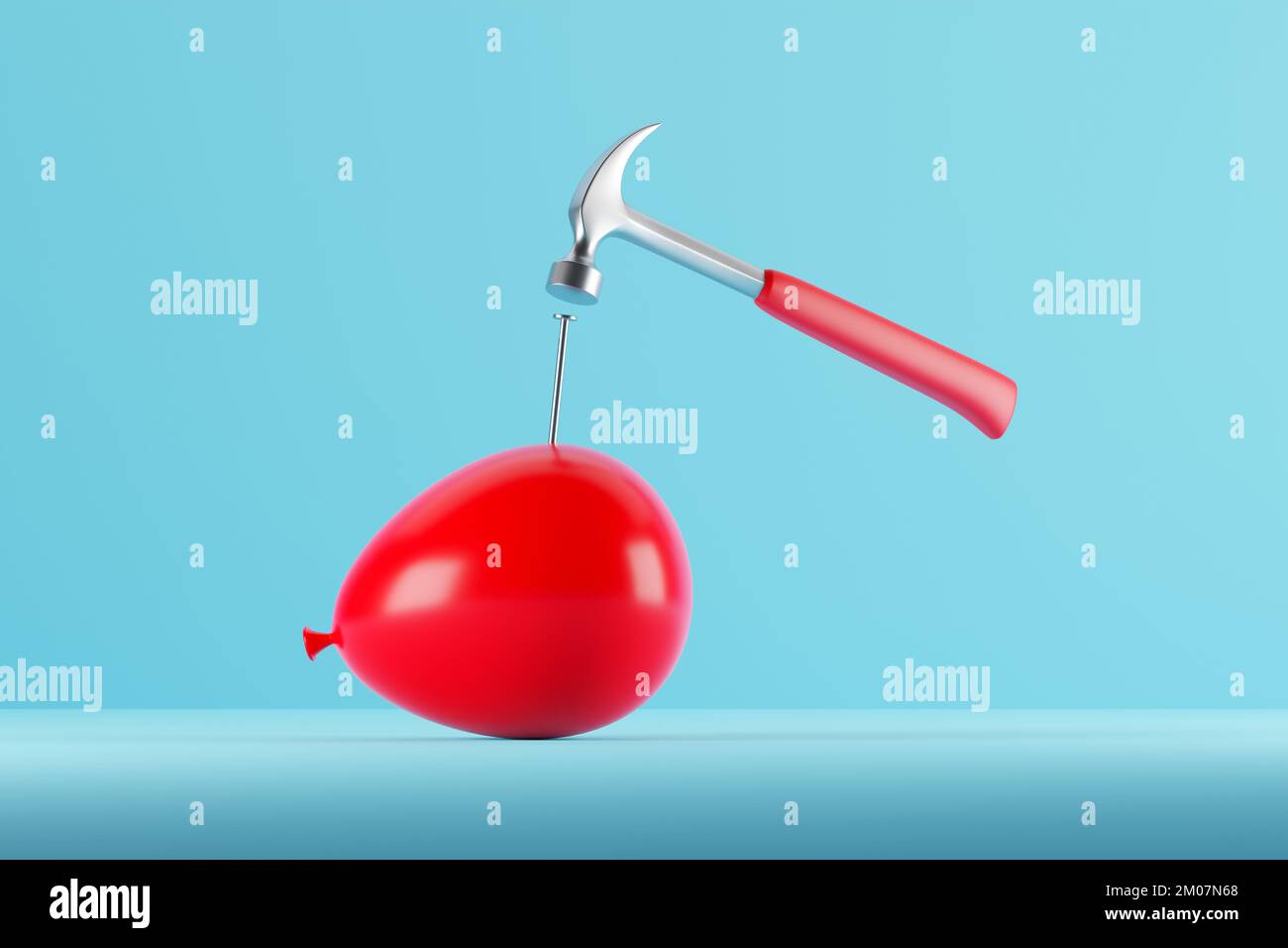 Danger, risk, tension, pressure, threat or bursting the bubble concepts. Hammer and nail is about to burst a red balloon. 3D render. Stock Photo