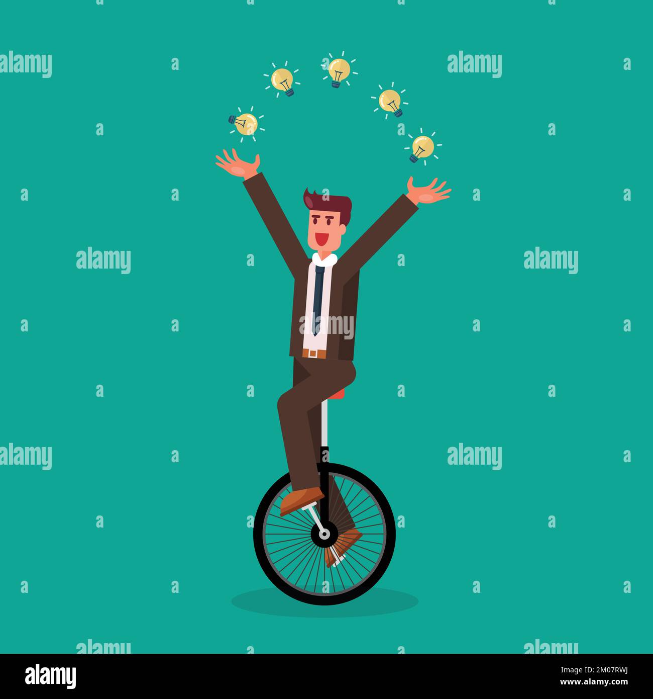 Businessman juggling the light bulb on unicycle. Business idea concept