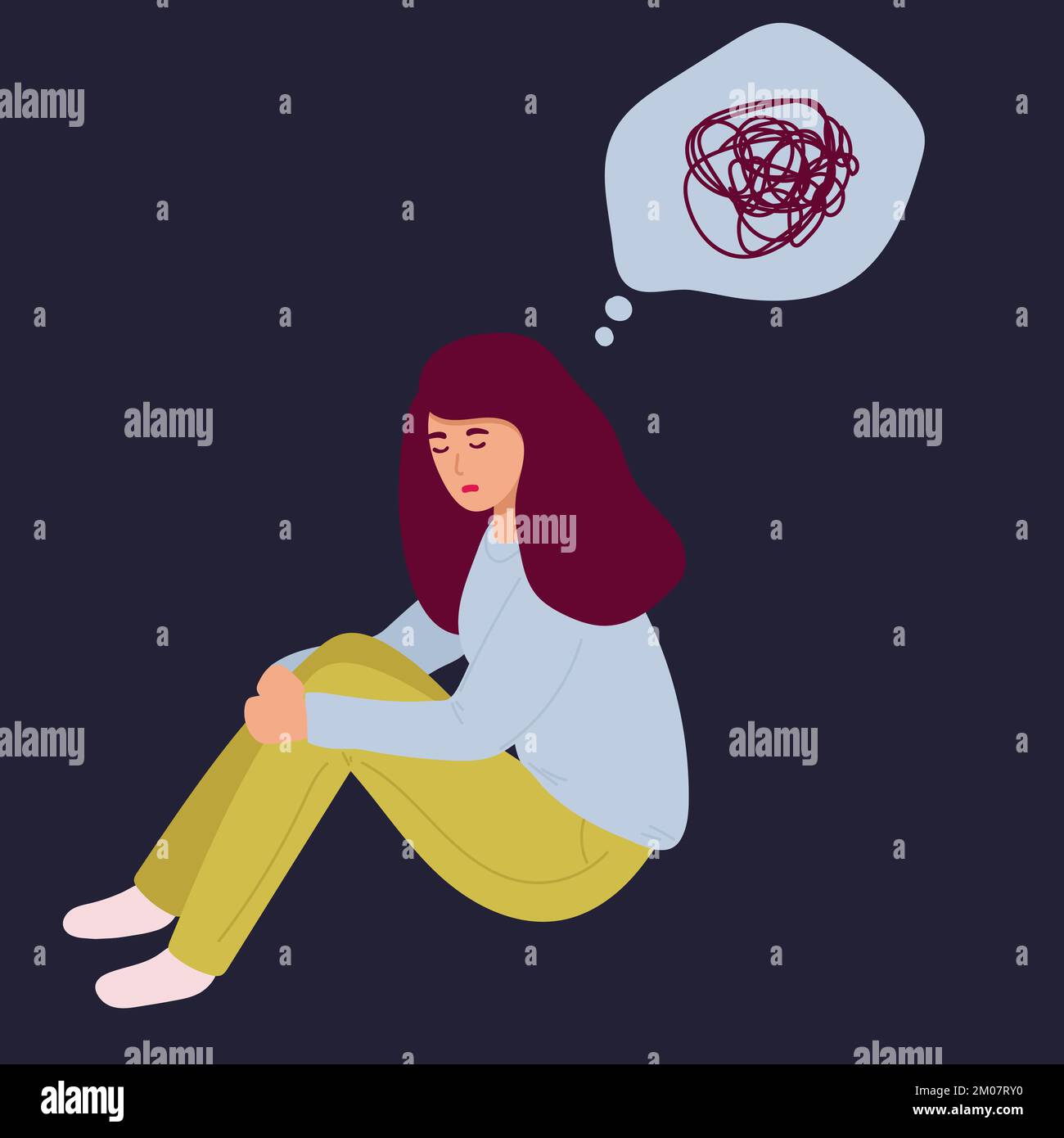 Morning migraine, chronic fatigue and nervous tension, stress or flu symptom, hard to wake up concept. Young woman with strong headache, tired and exh Stock Vector