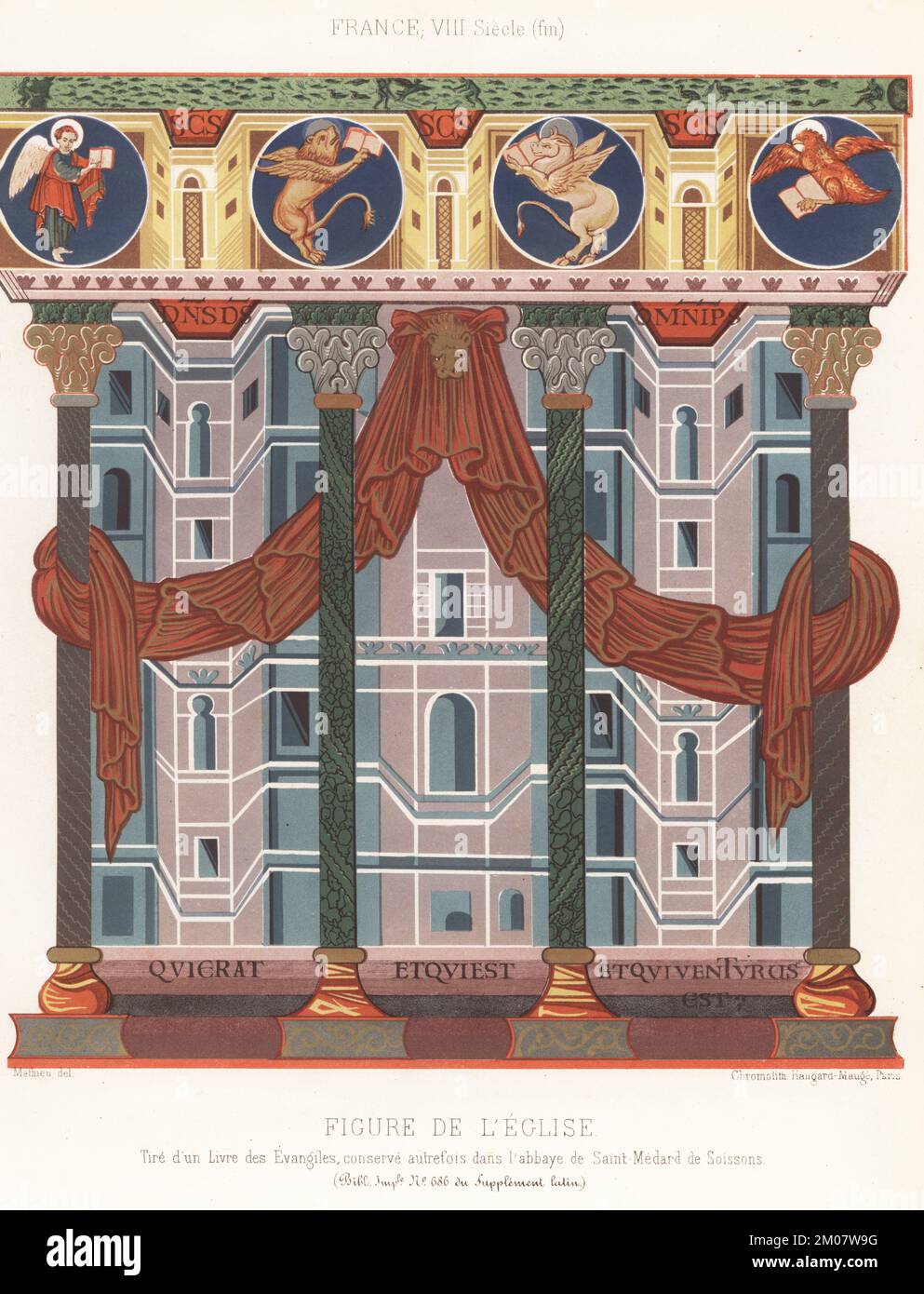 The Temple of Jerusalem with columns and drapes. Four allegorial evangelists at top: angel Matthew, bull Luke, lion Mark, and eagle John. Figure de l'Eglise, France, VIIIe siecle. Taken from a manuscript formerly kept at the Abbey of Saint-Medard de Soissons. MS 686 Sup. Latin, Bibliotheque Imperiale. Chromolithograph after an illustration by Mathieu from Charles Louandre’s Les Arts Somptuaires, The Sumptuary Arts, Hangard-Mauge, Paris, 1858. Stock Photo