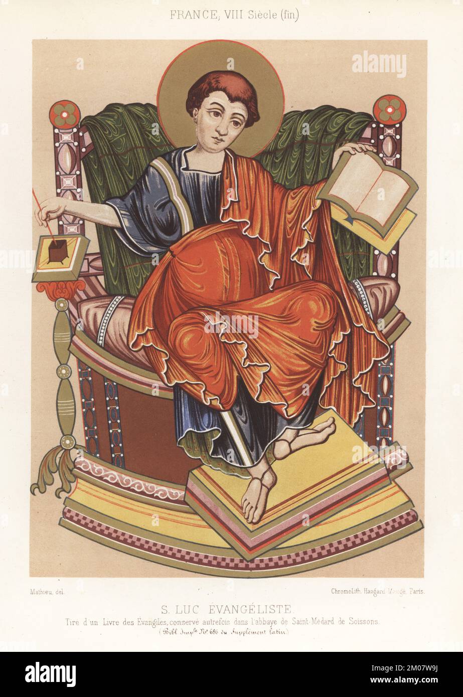 Luke the Evangelist, one of the four authors of the gospels, c.9-93 AD. Seated on a chair, right hand dipping a quill pen in an inkwell and left hand holding a book. Wearing late 8th century French costume. S. Luc Evangeliste, France, VIIIe siecle (fin). Taken from a manuscript formerly kept at the Abbey of Saint-Medard de Soissons. MS 686 Sup. Latin, Bibliotheque Imperiale. Chromolithograph after Mathieu from Charles Louandre’s Les Arts Somptuaires, The Sumptuary Arts, Hangard-Mauge, Paris, 1858. Stock Photo